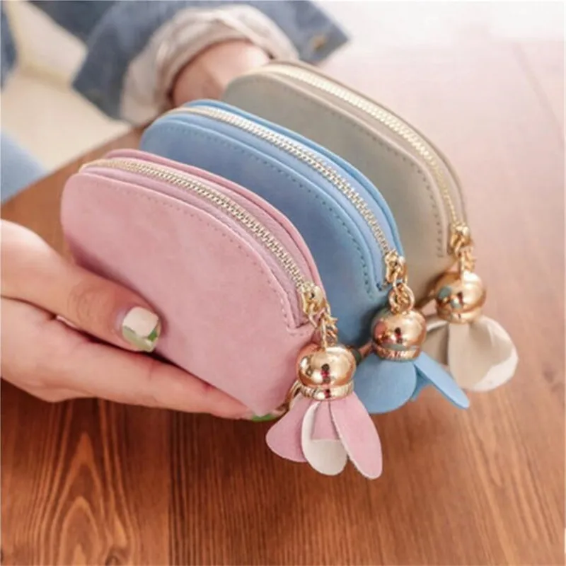 Tassel Fashion Ladies PU Leather Mini Wallet Card Key Holder Zip Coin Purse Floral Pendant Clutch Bag Small Handbag Money Case