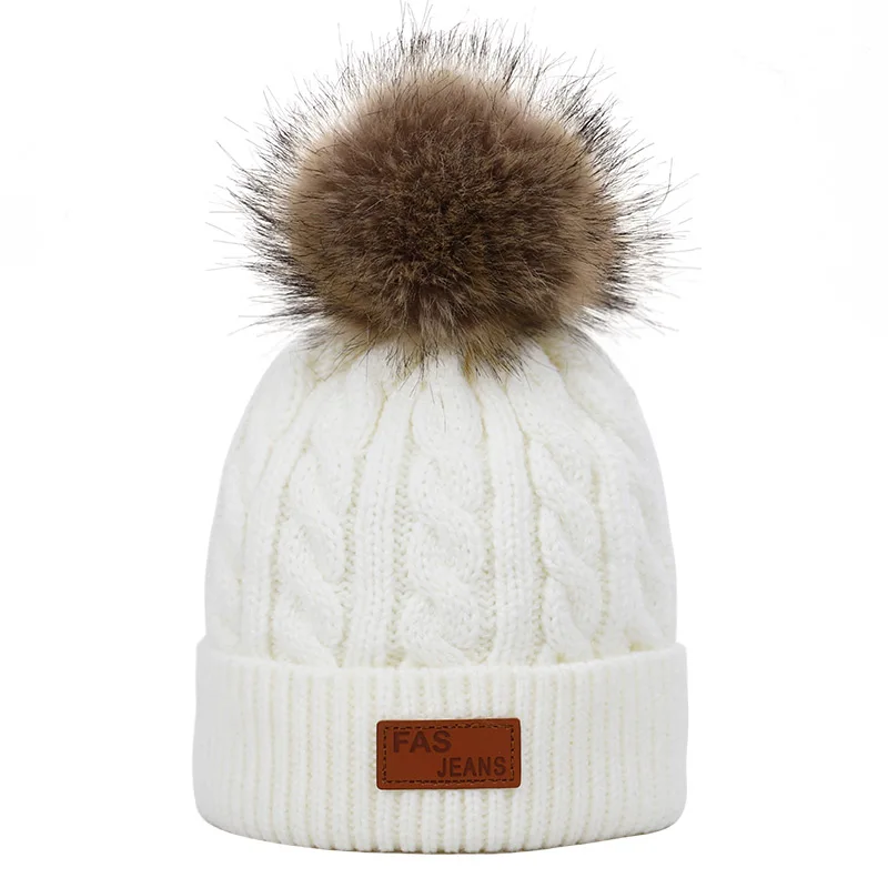 Детская шапка с помпонами, милая шапка для маленьких девочек и мальчиков с теплой флисовой подкладкой, шапки для детей, зимняя шапка с помпонами, шапочки - Цвет: White-4