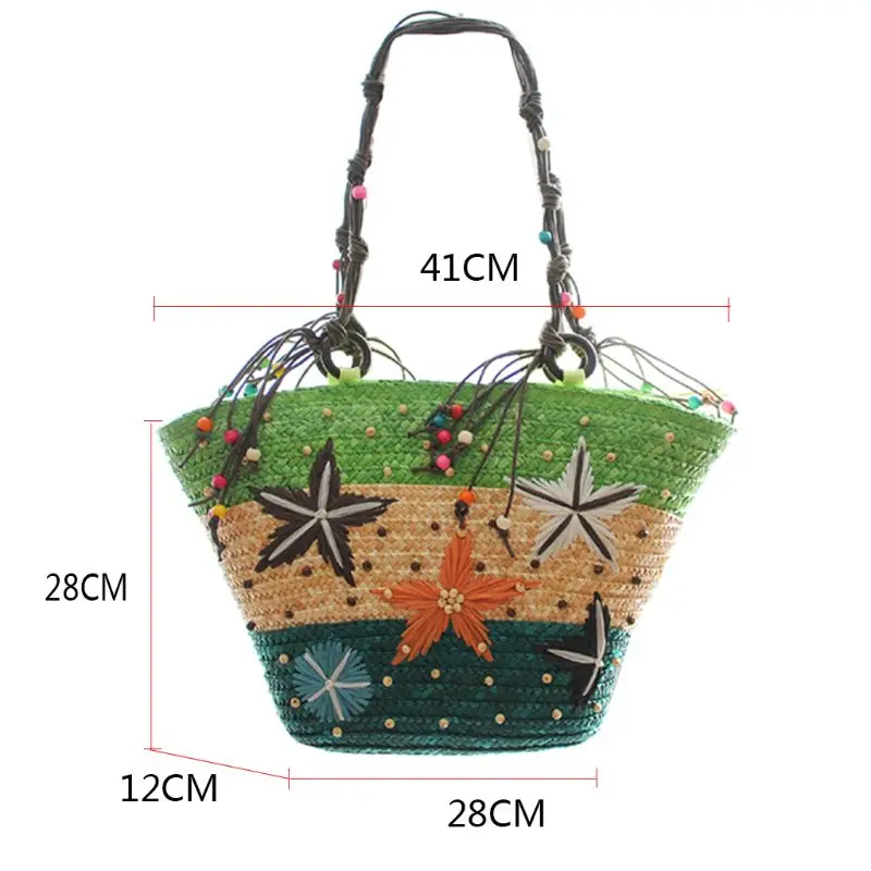 Women Starfish Woven Summer Beaded Straw Tote Shoulder Handbag