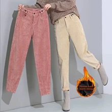 

Vintage Corduroy Casual Pants Fleece-lined Warm Design Autumn Pants Loose Harem Trousers High Waist Elastic Waist Baggies Pants