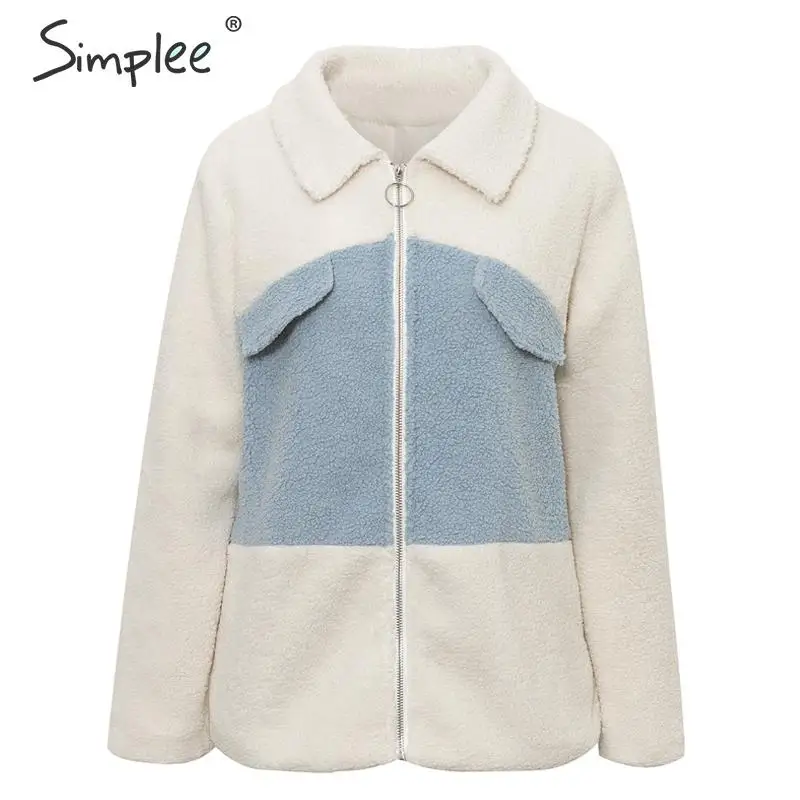 Simplee Casual lamb fur jacket women Patchwork zipper pockets female warm coat Autumn winter office ladies jackets overcoat - Цвет: Небесно-голубой