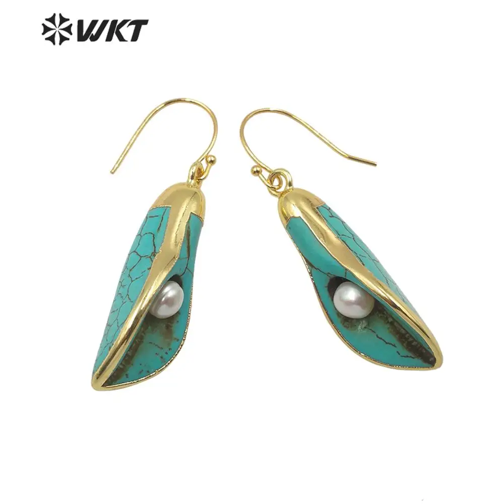 WT E605 Fashion women green tur quoise with pearl charm speaker shape flower earring gold