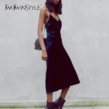 

TWOTWINSTYLE Dress For Women V Neck Spaghetti Strap Sleeveless High Waist Slim Dresses Female 2020 Winter Oversized Fashion New