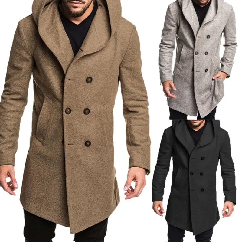 

2020 New Fashion Men Long Sleeve Winter Warm Wool Coat Parka Hooded Collar Trench Outwear Overcoat Long Jacket Peacoat Top M-3XL