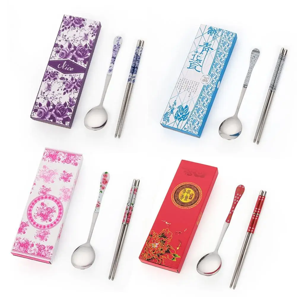 

2Pcs/Set Stainless Steel Outdoor Portable Spoon Chopsticks for Wedding Dinnerware with Box Smoothly, Portable, with Storage Box