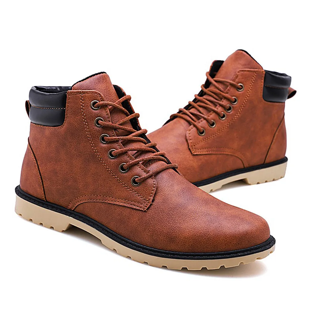 Low-heel Lace-up Men's Casual Lace Up Warm Ankle Motorcycle Boots Round Toe Outdoor Leather Male Student Shoes Zapatos De Hombre
