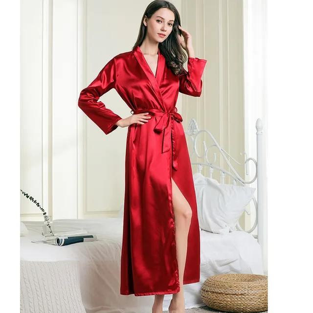 Factory Outlets Women Satin Silk Sleeping Robe TurnDown Collar Long
