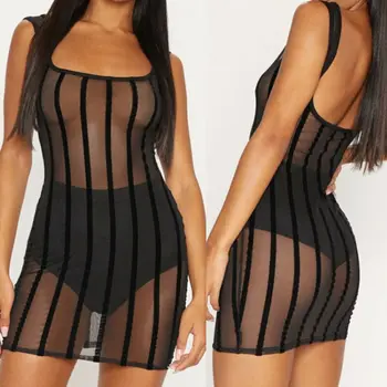 

New Women Lady Sexy Dress Bodycon Club Striped Strap Square Collar Beachwear Cover Up Dress Summer