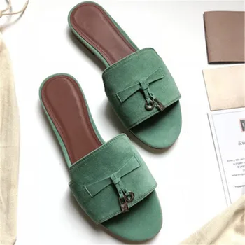 

High Quality Summer Metal Women Slipppers Runway Brand Genuine Leather Open Toe Flats Shoes 2020 Fashion Ladies Slides Shoes