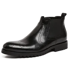 British Formal Brogues Mens Chelsea Boots Elegant Slip-on Men Ankle Boots Genuine Leather Trendy Casual Dress Boots Shoes