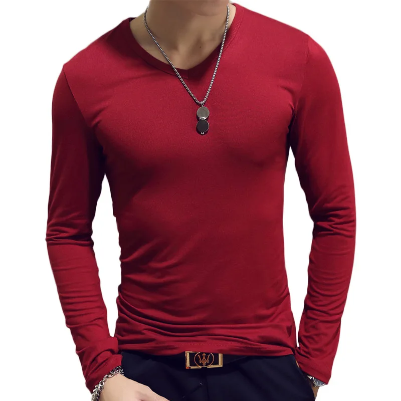 T Shirt Simple Long Sleeve Spring Autumn Morality Men's T-shirt Sets V-neck Solid Polyester White Grey Blue T Shirt Men Tees New