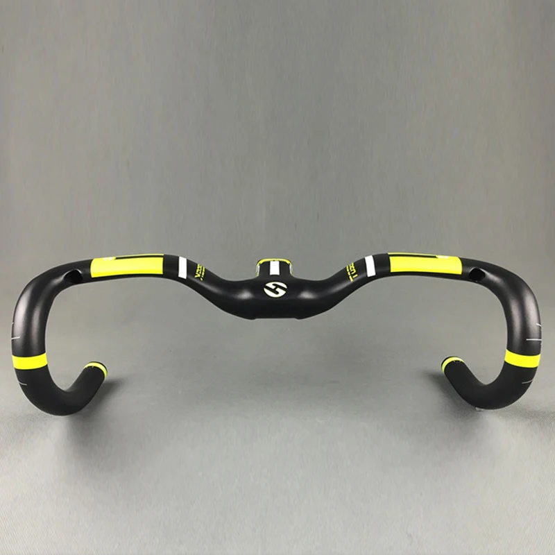 yellow400x100mm Из углеродного волокна, руль для шоссейного велосипеда, руль изгиб паз падения руль последней дорожный велосипед Интегрированный руль 28,6*380/400/420/440 мм - Цвет: yellow400x100mm