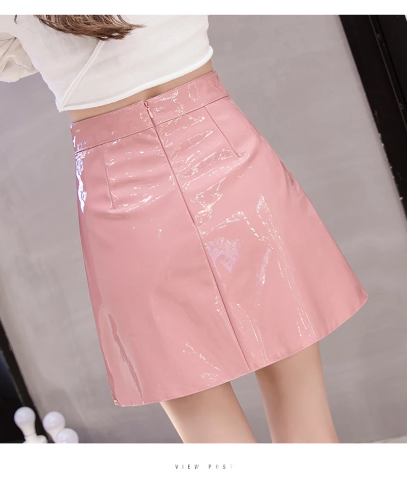 Saia de Couro Mulheres Rosa Harajuku Casual Sexy Saia Primavera Cintura Alta Brilhante Mini Elegante Escritório Wear Saias A-line pu 5 Online shopping