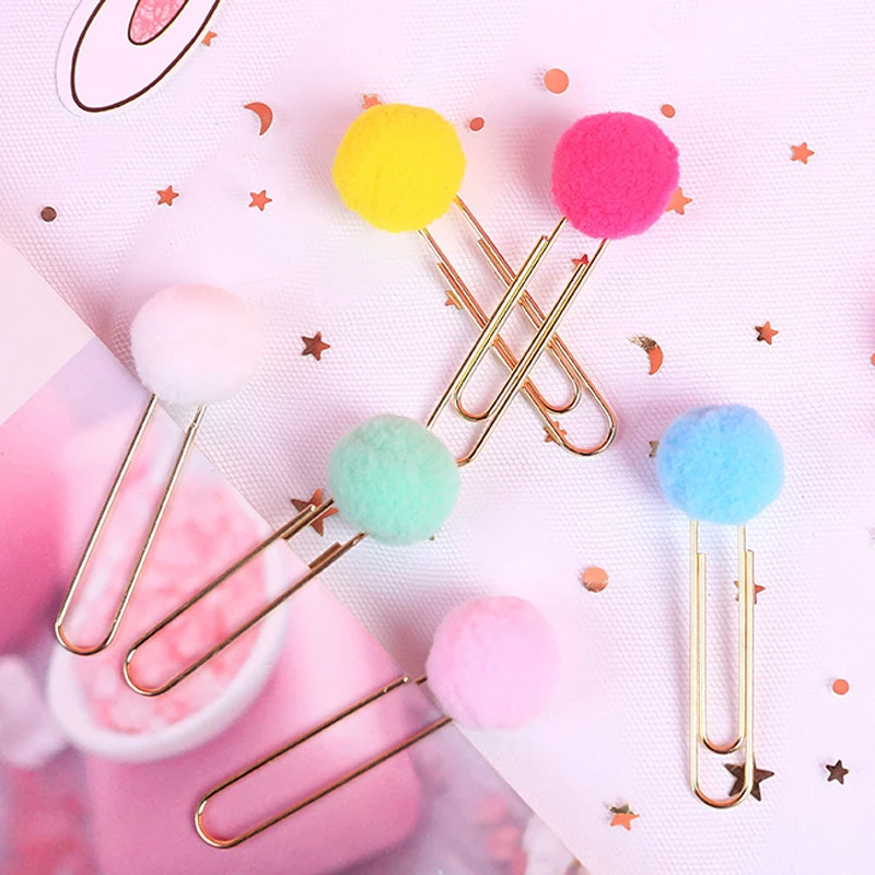 6pcs/set Kawaii Hairball Rose Gold Cilp Candy Color Modelling Cute Paper Clip Decoration Office Supplies Stationery DIY Set | Канцтовары