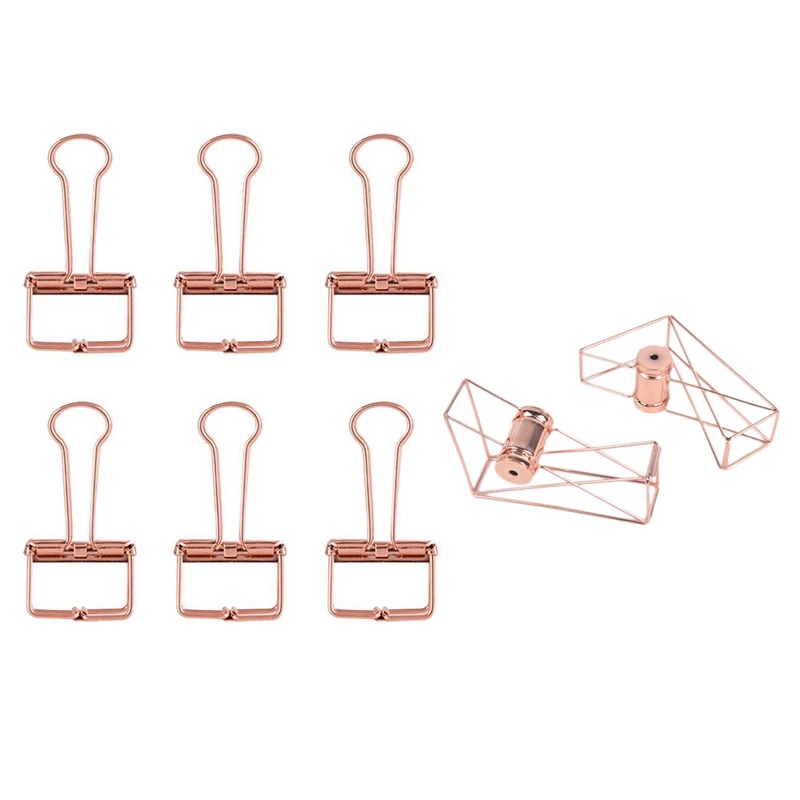 

8Pcs Rose Gold Hollowed Out Design Binder Clip & 1Pcs Metal Tape Holder Tape Cutter Of Life Office Tape Dispenser