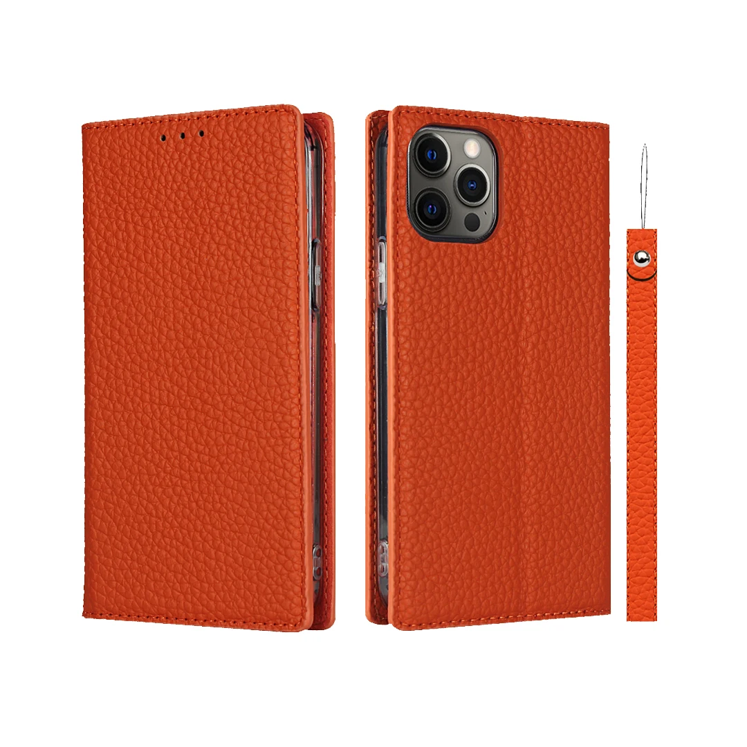 Genuine Leather Men Women Leather Flap Protective Cover for Iphone XS MAX 15 13PRO MAX with Wristlet Bifold Leather Phone Wallet