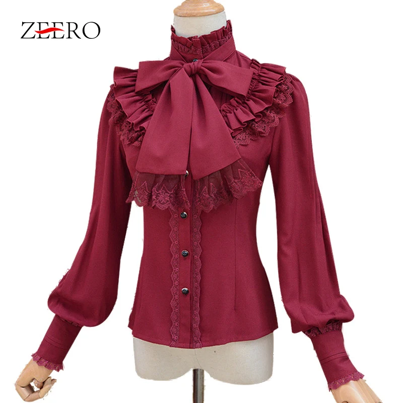 Винтажная шифоновая рубашка с длинным рукавом в стиле Лолиты винно красного