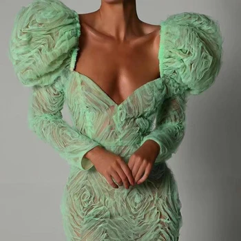 Green Floral-Puff-Sleev'd Bodycon Empire Waist Dress 1