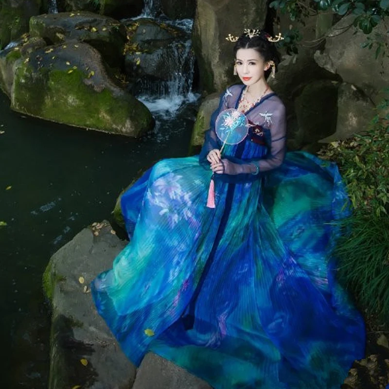 

New Hanfu Costume Women Ancient Fairy Blue Hanfu Chinese Traditional Folk Dance Performance Costume China Lady Long Robe DQL1684