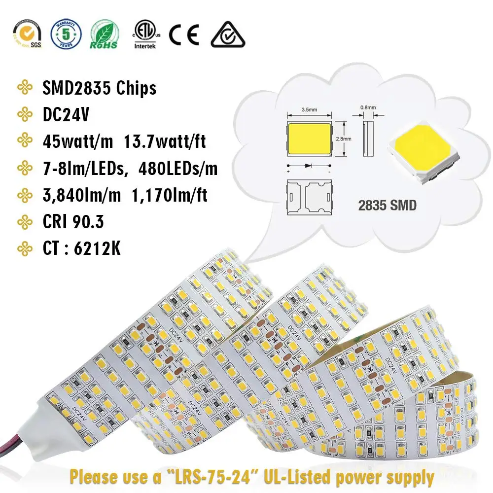 2835 белый высокий CRI 90 светодиодные полосы света-яркий цвет в четыре ряда гибкая лента со светодиодными лампочками 24 V-IP20-3, 530 лм/м для Светодиодный JK822