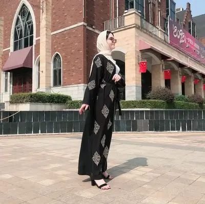 Абайя кимоно платье Дубай абайя для женщин длинное турецкое мусульманское Длинное Платье синее винтажное вышитое кружево кафтан кардиган - Цвет: Black