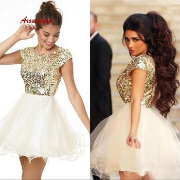

Sexy Gold Short Cocktail Dresses Party Plus Size Ladies Women Formal Sequin Graduation Prom Homecoming Dresses