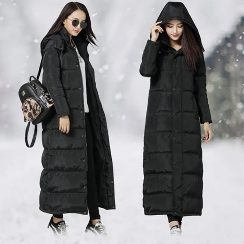 Длинная куртка с гусиным пером женская зимняя пуховая куртка Длинная плюс размер парка Толстая теплая тонкая верхняя одежда на молнии с капюшоном зимняя куртка - Цвет: Black