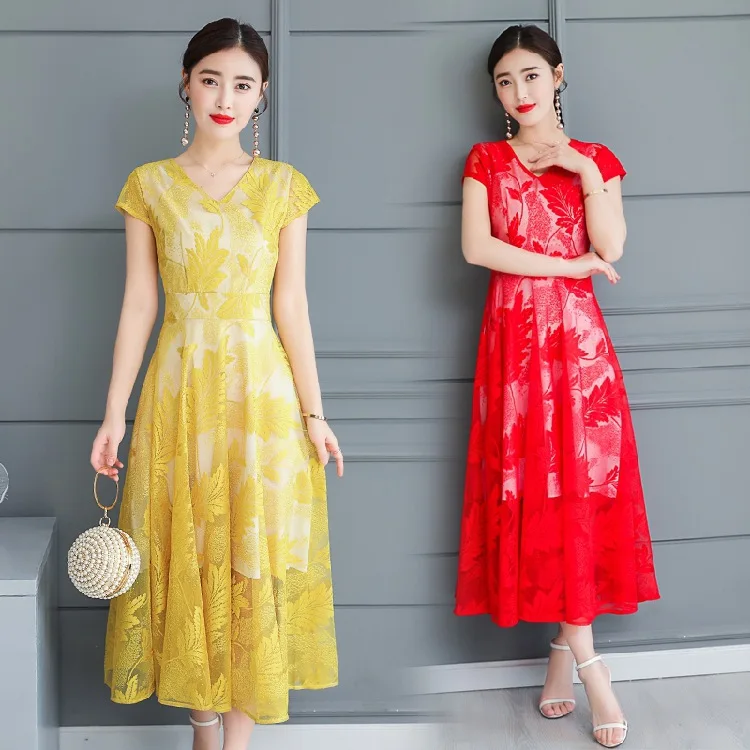 

2018 Summer Wear New Style WOMEN'S Dress Debutante Elegant Korean-style Waist Hugging Short Sleeve over-the-Knee Long Lace Embro
