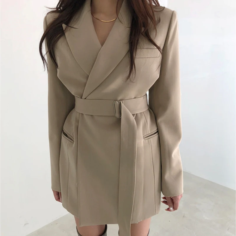 Khaki Роскошный Блейзер платье, осенняя и зимняя женская куртка с длинными рукавами, модное женское облегающее повседневное длинное пальто - Цвет: Khaki