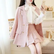 

MUMUZI 2020 Autumn Tweed 2 Piece Set Women Slim Plaid Short Set Fashion Trim Jacket Coat + Pleated Short Skirts Suits