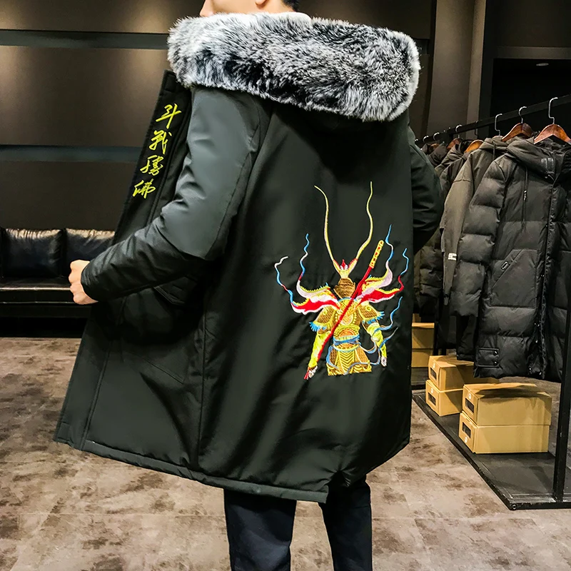 Sinicism Store, мужская куртка с большим меховым воротником, большие размеры, мужские парки с вышивкой, утолщенная теплая зимняя куртка, Мужская куртка в китайском стиле - Цвет: ArmyGreen(AsianSize)