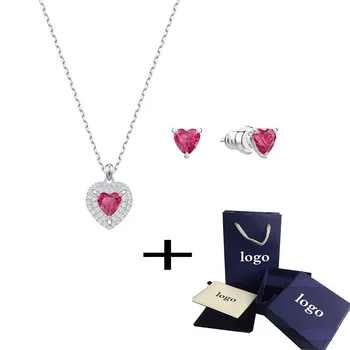 

2020 Fashion New ONE Suit Original Shiny Heart-shaped Red Crystal Female Clavicle Necklace Set To Send Wife Lover Jewelry Gift