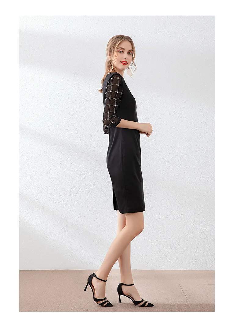 Vestidos De Festa Autumn Cocktail Party Women O-Neck Chain Beading Deco 3/4 Sleeve Bodycon Sheath Dress Red Black XXXL Size