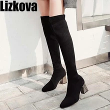 Осенне-зимние женские черные вязаные высокие сапоги вязаные носки на высоком каблуке