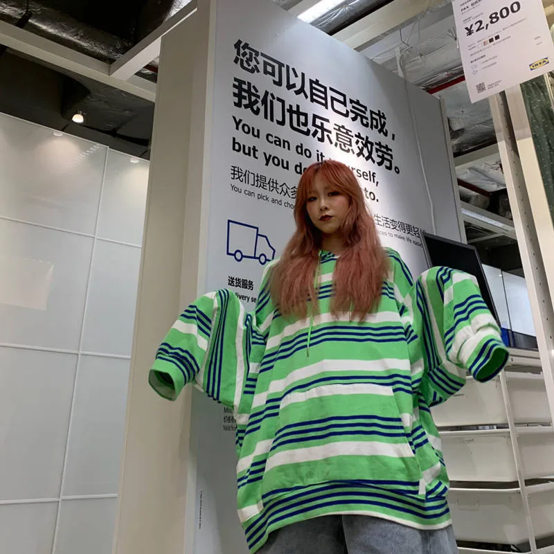 4XL негабаритная полосатая толстовка с капюшоном и длинными рукавами, Женская толстовка с капюшоном, свободная уличная одежда для девочек, осенняя безрукавка с принтом
