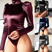 Sexy casual mancha gola alta manga longa puff bodysuit topos preto com nervuras feminino moda festa curto macacão