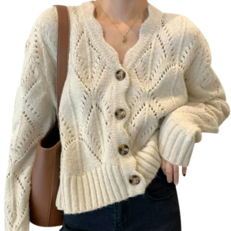 

Korean Women Knitted Cardigans Hollow Out Irregular Collar Solid Cashmere Sweater Autumn 2020 Full Long Casual short Outerwear