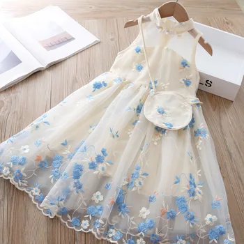 

2020 Summer Flower Embroidered Girls Dress with Bag Baby Clothes