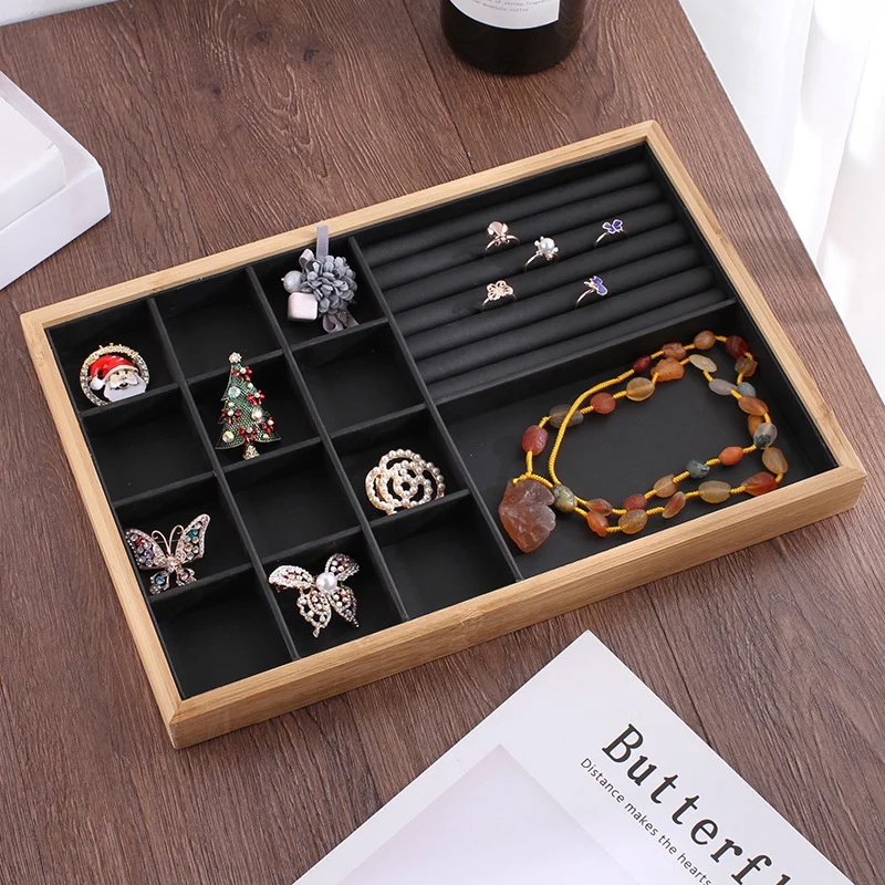 Bamboo Wood Jewelry Display Jewellery Tray Ring Holder Necklaces Organizer Bracelets Showcase Pendants Box