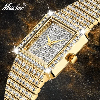 

MISSFOX Women Watch With Diamond Quartz Watch Gold Square Watch Minimalist Analog Quartz Movt Unique Female Iced Out Watch