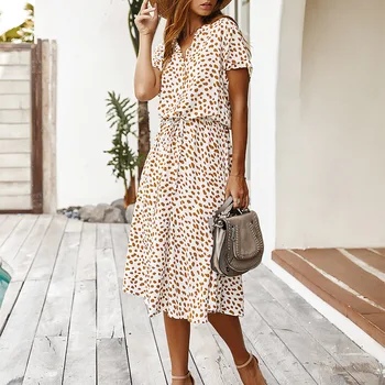 

2020 Dots Print White Beach Summer Dress Women Fashion Short Sleeve Tunic Vintage Midi Dress Casual Holiday Boho Dress Vestidos