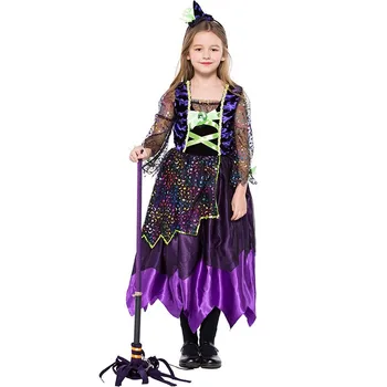 

Girl's Halloween Witch Cosplay Costume Dress and Headwear Bat Printed Witch Wearing for Stage Performance Make Up Theme Party