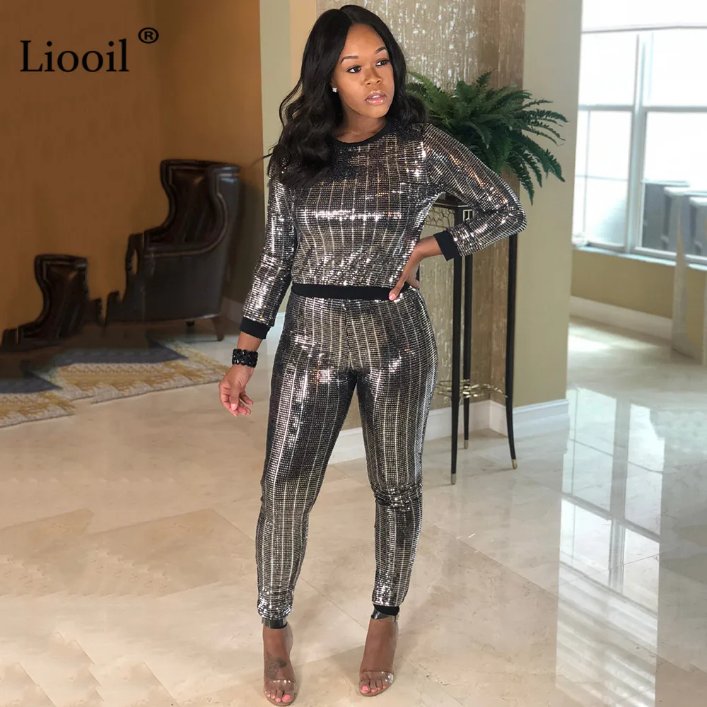 Silver and black Liooil комплект из двух предметов с блестками, вечерние наряды для клуба, женская одежда с длинным рукавом и круглым вырезом, сексуальные топы и брюки-карандаш, подходящие комплекты - Цвет: Silver and black
