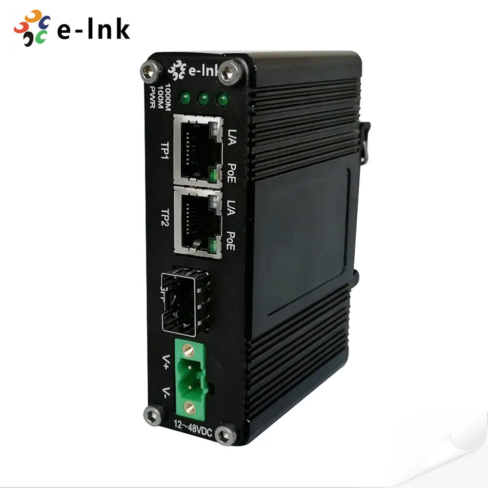 Мини промышленный 1 порт 100/1000X SFP в 2 порта 10/100/1000T 30 Вт PoE + медиаконвертер с входом 12