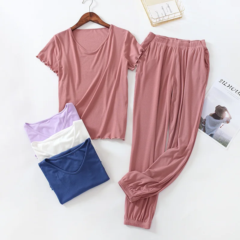 

Plus Size Black Gray Pink Homewear For Women Modal Cotton Pajamas Set Fashion Ruffles Thin Summer Ladies Sleepwear Pajama Femme