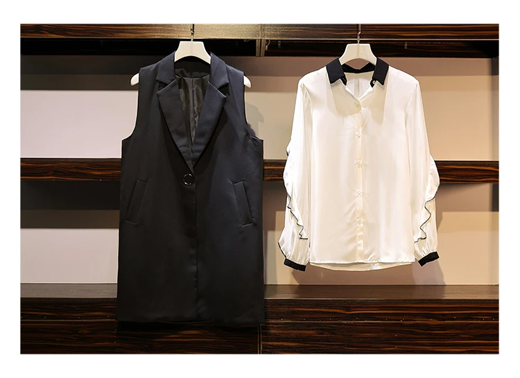 Trytree/осенний женский костюм из двух предметов, повседневный однобортный жилет с отложным воротником+ блузка с оборками, офисный Женский комплект из 2 предметов