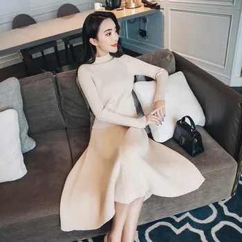 

Thicken Women New Bottom Knitting Sweater skirts 2pcs Suits Winter Stand collar sweaters Skirt Knitted Tracksuit Graceful Suits