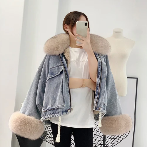 blue coat beige fur Зимняя женская парка с воротником из натурального Лисьего меха, джинсовая куртка с подкладкой из кроличьего меха, большие размеры, короткое пальто, винтажная корейская мода - Цвет: blue coat beige fur