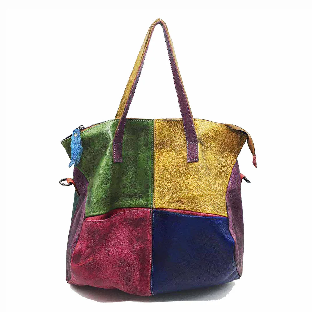 

Genuine Leather 4 Colors Patchwork Antique Ingenious Women Tote Cowhide Large Handbag