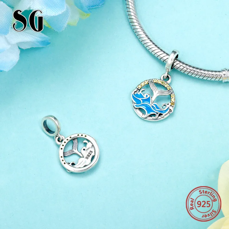SG Новый Серебряный 925 Синий Эмаль хвост подвески «Кит» с желтым CZ Бусины Fit Аутентичные европейский браслет украшения для женщин Подарки